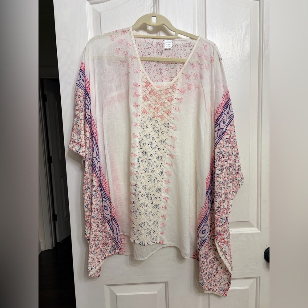 Boho Embroidered V-Neck Women's Top in Cream with Pink & Blue Accents